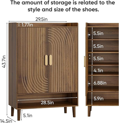 Smuxee Walnut Shoe Cabinet with Line Groove Design, 6-Tier Shoe Storage Cabinet with Adjustable Shelves, Freestanding Shoe Organizer Cabinet for Entryway, Hallway, Closet, Living Room