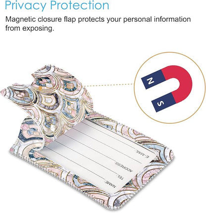 Fintie Luggage Tags, Privacy Cover ID Label with Stainless Steel Loop and Address Card for Travel Bag Suitcase - Marble Tiles (2 Piece)