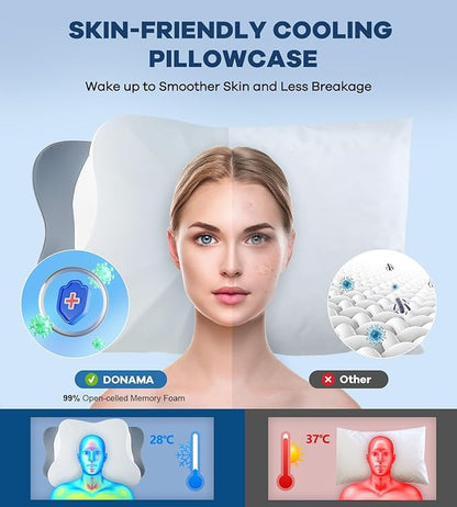 Cervical Pillow for Neck Pain Relief, Cooling Ergonomic Memory Foam Pillow with Ice Silk Pillowcase, Dual-Height Orthopedic Contour Support Pillow for Side,Back,Stomach Sleepers, CertiPUR-US Certified