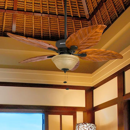 Honeywell Ceiling Fans Sabal Palm, 52 Inch Tropical LED Ceiling Fan with Light, Pull Chain, Dual Mounting Options, Hand Carved Solid Wood Blades - 50204-01 (Bronze)