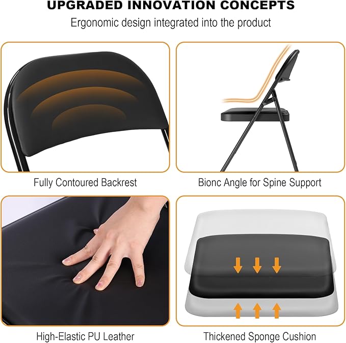 6 Pack Black Folding Chairs with Padded Cushion for Outside, Portable Stackable Commercial Metal Foldable Chairs with Steel Frame for Party Home Events Office Wedding, 350lbs Capacity