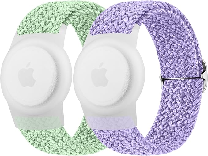 Vanjua Wristband for Apple AirTag, Protective Case Compatible with Air Tag GPS Tracker Holder with Braided Bracelet, Adjustable Anti Lost Watch Band for Toddler Child Elder (Green+Lavender)