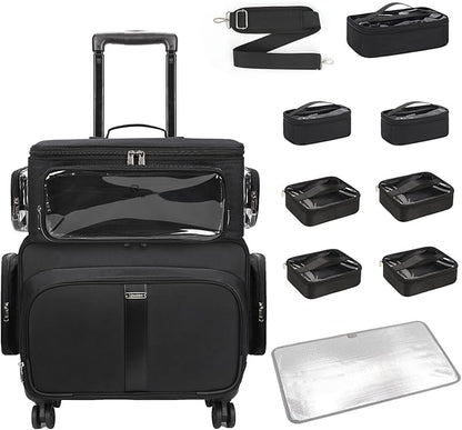 Rolling Makeup Train Case with Large Makeup Case，Professional Makeup Artist Traveling Bag with 7 Small Clear Bags, Cosmetology Case on Wheels, Adjustable Dividers for Cosmetics Makeup Brushes Toiletry