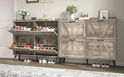 Shoe Cabinet with 4 Flip Drawers, Entryway Shoe Storage Cabinet Slim, Farmhouse Shoe Organizer Cabinet for Entryway, Narrow Hidden Shoe Cabinet with Wooden Legs, Washed Gray