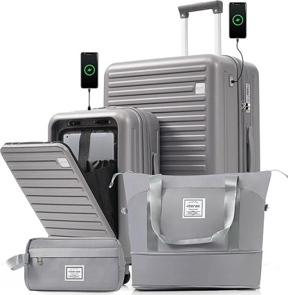 Merax 4-Piece Luggage Set with USB Charging Ports Suitcase with TSA Lock Travel Duffel Bag Wet-Dry Toiletry Bag, grey blue+Bag