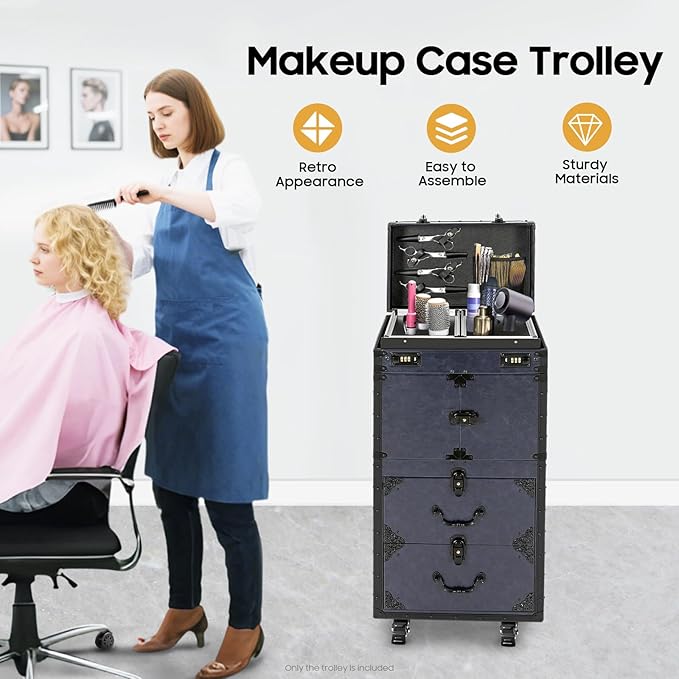 Beauty Rolling Makeup Train Case, Professional Lockable Rolling Salon Luggage, Retro-Rolling Cart Storage Organizer Trolley Make Up Case, 4 Universal Wheels, Retractable Rod, Buckle (Blue)