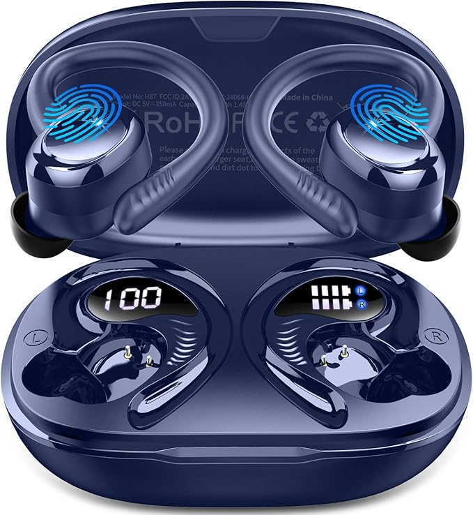 Wireless Earbuds Sport, New Bluetooth 5.4 Headphones with Earhooks, 50H Stereo Deep Bass Over Ear Buds with 4 ENC Noise Canceling Mics, IP7 Waterproof Earphones for Running Workout Gym -Blue