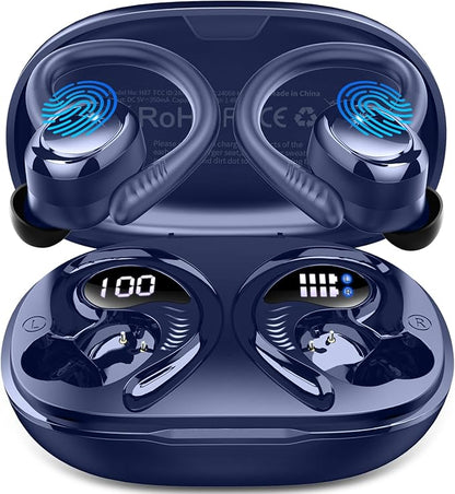 Wireless Earbuds Sport, New Bluetooth 5.4 Headphones with Earhooks, 50H Stereo Deep Bass Over Ear Buds with 4 ENC Noise Canceling Mics, IP7 Waterproof Earphones for Running Workout Gym -Blue