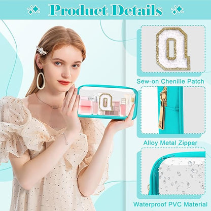 Personalized Initial Letter Clear Makeup Bag,Preppy Small Nylon&PVC Cosmetic Zipper Bag with Chenille Letter,Portable Beach Travel Skincare Toiletry Bag,Trendy Monogram Gift for Teen Girls Women,Q