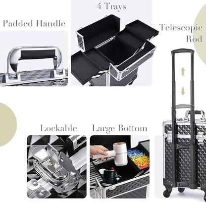 Rolling Makeup Train Case Large Cosmetic Trolley Organized Aluminum Barber Case for Hairstylist Makeup Nail Tech Salon with Keys Swivel Wheels Traveling Cart Trunk - Black