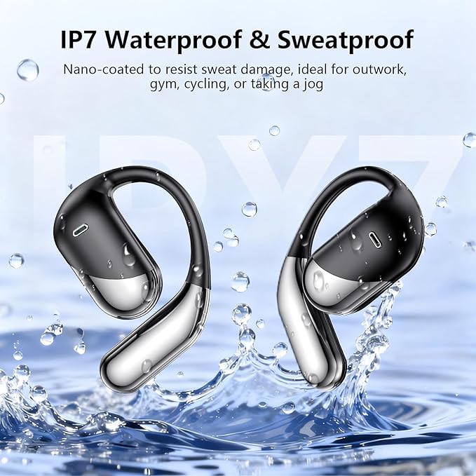 Open Ear Wireless Earbuds Headphones, Bluetooth 5.4, Built-in Mic, IPX7 Waterproof, LED Display Charging Case,Ear Hooks Clip Ear Buds，Design for Running Fitness Workout Office Game Gym