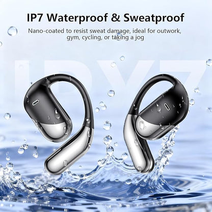 Open Ear Wireless Earbuds Headphones, Bluetooth 5.4, Built-in Mic, IPX7 Waterproof, LED Display Charging Case,Ear Hooks Clip Ear Buds，Design for Running Fitness Workout Office Game Gym