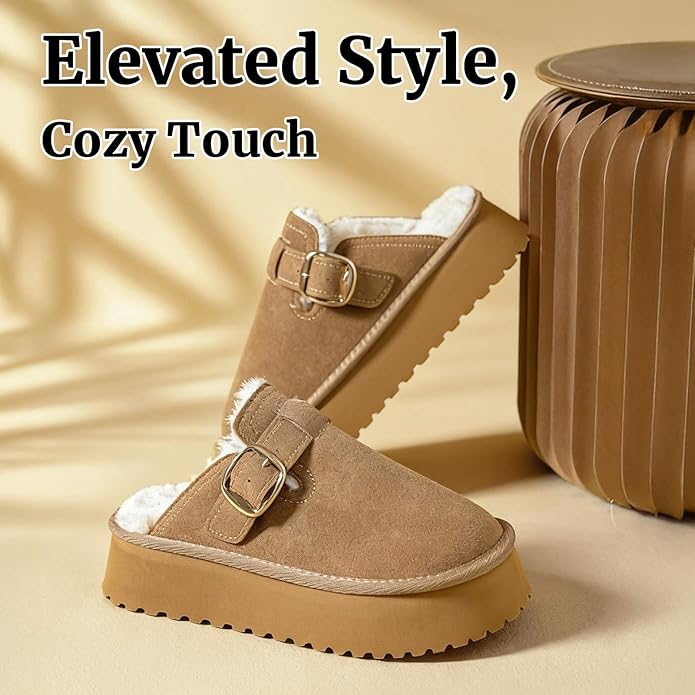 Mishansha Fuzzy Platform Slippers for Women Winter Faux Suede Warm Slippers Cozy House Shoes Outdoor and Indoor