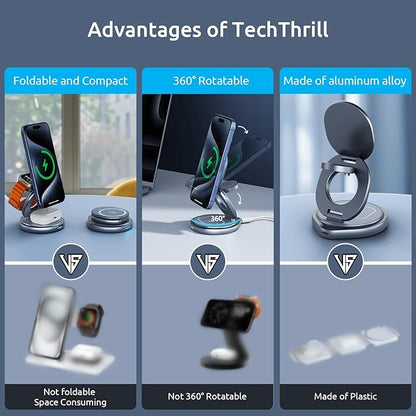 3 in 1 Wireless Charging Station for Apple Travel Charger for Multiple Devices Aluminum Alloy Foldable Magnetic Magsafe Charger 360 Rotating for iPhone 17/16/15/14/13/12 Series,for iWatch,for Airpods