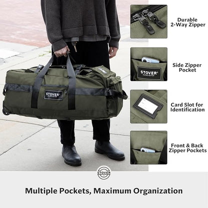 STOVER 100L Rolling Duffel Bag with Wheels, X-Large Durable Travel Duffle + Toiletry Bag, Heavy Duty, Packable with Shoulder Straps- Use as Luggage or Backpack, Men/Women (Green)