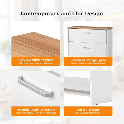 VINGLI Shoe Cabinet Storage for Entryway Ultra Slim with 2 Flip &1Drop-Down Drawers, 24.8" W Narrow Shoe Cabinet for Front Door Entrance,Freestanding Modern White Wood Shoes Organizer for Hallway