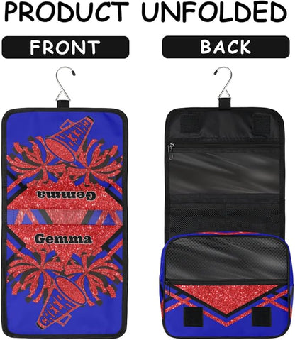 Custom Hanging Toiletry Bag for Women, Cheer Makeup Bag, Cosmetic Bag, Travel Essentials for Women Red Sequins Glitter Black Royal Blue