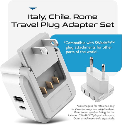 Ceptics Chile, Rome, Italy Travel Plug Adapter Set, Chile plug adapter USB-USB-C 20W PD-QC 18W, 2 Outlet, US to Italy plug adapter for Lybia, Uruguay Includes Type C, L SWadAPt Attachments - PAK-IT