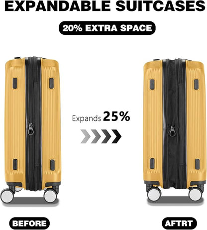 Luggage Sets 3 Piece, Lightweight Expandable PC Hardside Durable Suitcases with Spinner Wheels & TSA Lock, 20/24/28 Inch, Yellow