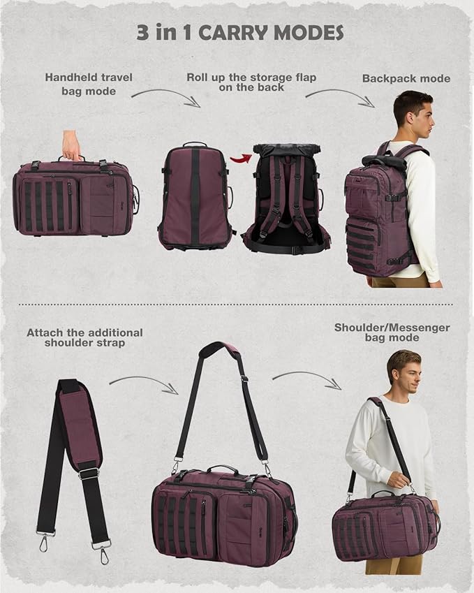 Gonex Travel Backpack, Large Carry-On Nylon Duffle Bag, 3-in-1 Convertible Laptop Bag for Men & Women, Durable for Work & Weekend Travel (Dark Red)