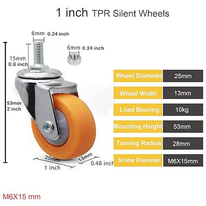 1" M6x15 Stem Casters Bolt Threaded Wheels,TPR Mute Rubber Swivel Single Caster Screws in Wheel Small with 2 Brake Locks-Orange