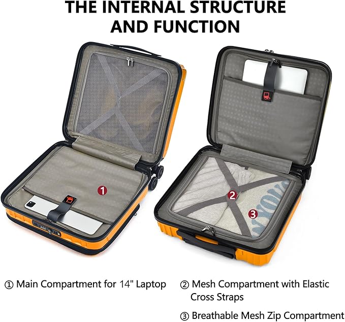 TydeCkare 16" Carry on Luggage with 2 Laptop Compartments, Lightweight Hardshell ABS+PC Suitcase with Dual Control TSA Lock, with YKK Zipper, 4 Spinner Silent Wheels, for Business Travel, Orange