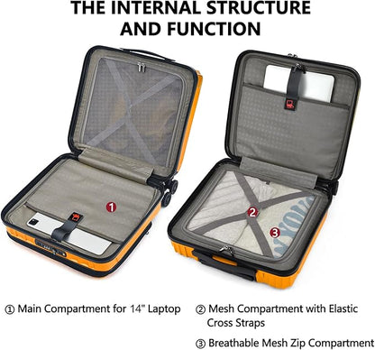 TydeCkare 16" Carry on Luggage with 2 Laptop Compartments, Lightweight Hardshell ABS+PC Suitcase with Dual Control TSA Lock, with YKK Zipper, 4 Spinner Silent Wheels, for Business Travel, Orange