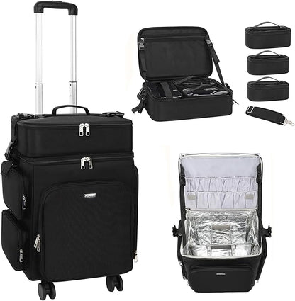 Relavel Rolling Makeup Case, 2 in 1 Hairstylist Traveling Bag Cosmetology Case on Wheels Large Hair Tools Cosmetics Train Case Makeup Artist Storage Organizer Trolley Suitcase with 360° Swivel Wheels