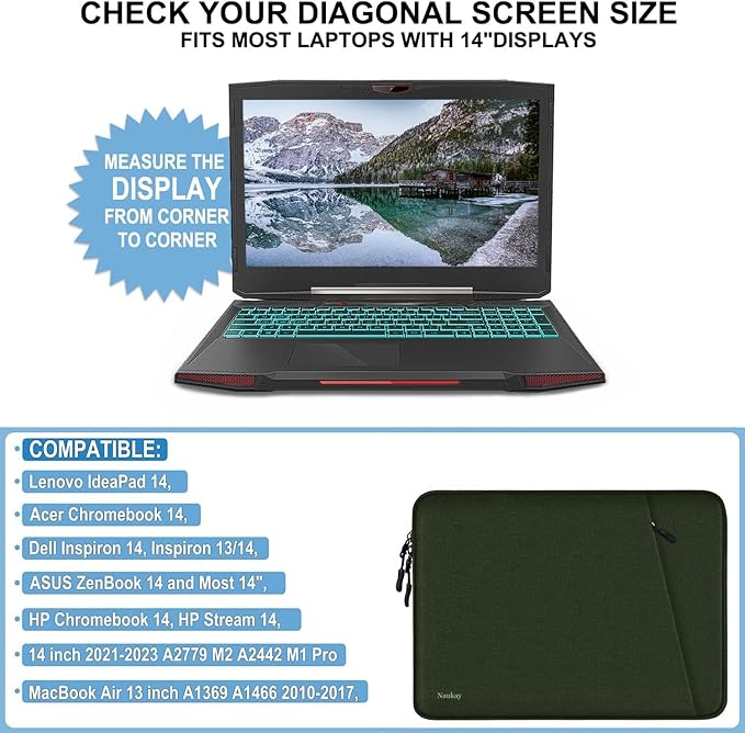 Laptop Sleeve 14 inch, Shockproof Protective Computer Cover with Accessories Pocket, Portable Laptop Case Compatible for 14 inch MacBook Air/Pro, Dell, HP, Acer, Asus, Lenovo, Army Green