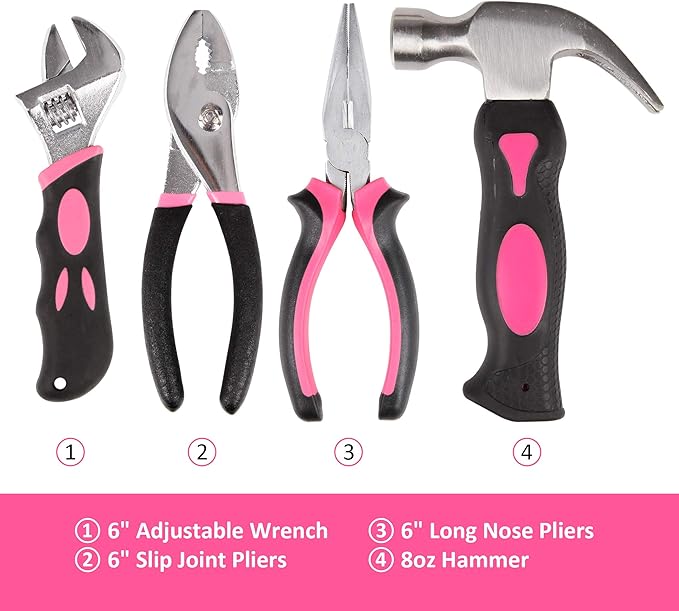CARTMAN 52-Piece Tool Set Hand Tool Set with Easy Carrying Round Pouch - Perfect for DIY Pink