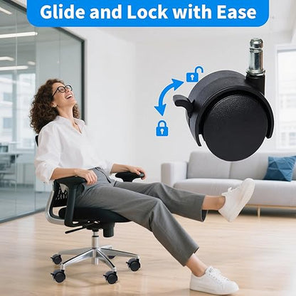 MySit 2" Replacement Office Chair or Stool Caster Wheels - with Brake (Set of 5)