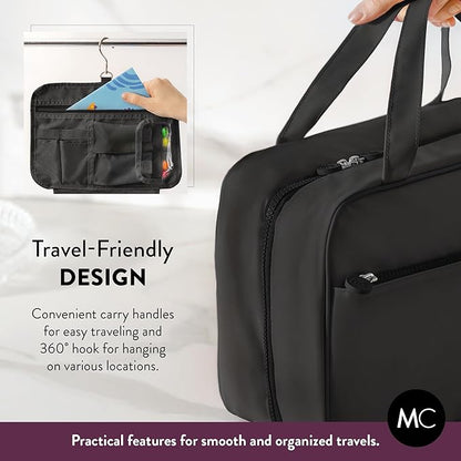 Kids Travel Organizer - Multi-Compartment, Water-Resistant Hanging Bag for Toys, Snacks, & Activities - Compact, Lightweight Design with Hook & Carry Handle - Perfect for Travel Use (Black, Large)