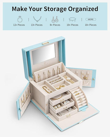 Vlando Jewelry Box Organizer for Girls Women, Large Baroque Jewelry Holder Organizer with Mirror, 3 Drawers for Bracelets, Earrings, Rings, Necklaces, Mothers Day Gifts for Loved One, Blue