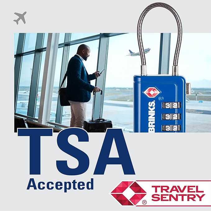 Brinks TSA Accepted Indicator Luggage Lock, Blue - Resettable 3-Dial Combination, 1.5 inch Long Cable Shackle, New More Secure TSA008 Key, 2 Pack