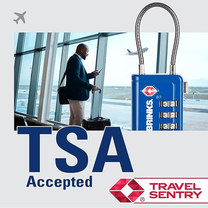 Brinks TSA Accepted Indicator Luggage Lock, Blue - Resettable 3-Dial Combination, 1.5 inch Long Cable Shackle, New More Secure TSA008 Key, 2 Pack