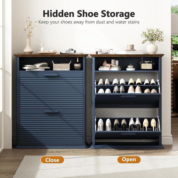 Fluted Shoe Cabinet for Entryway, Modern Shoe Storage Organizer with 2 Flip-Down Drawers & Adjustable Shelves, Hidden Narrow Slim Shoe Rack for Hallway, Mid-Century Modern Furniture, Dark Navy Blue