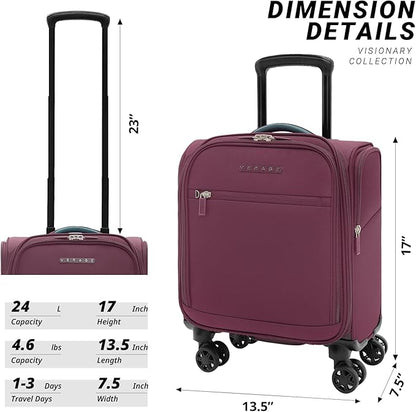 Verage Under Seat Luggage with Wheels, Softside Small Suitcase Spinner Carry On Luggage Bags for Airlines Airplanes Short Trip Men Women (Grape red, 14.5-Inch Plus Underseat)