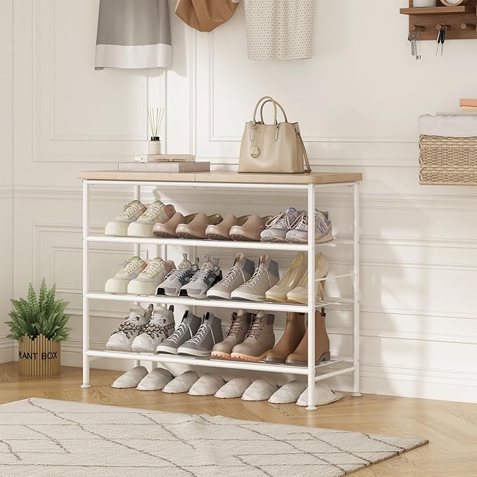 SUOERNUO Shoe Rack Organizer 4 Tier for Closet Entryway Free Standing Metal Storage Shoe Shelf with MDF Top Board，White+Oak