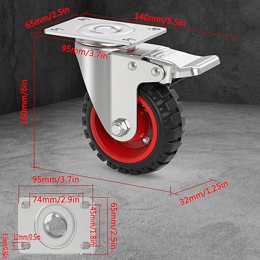 5" Swivel Caster Wheels with Safety Dual Locking and Rubber Tire Wheels, Heavy Duty - 350 Lbs Per Caster for Workbench, Cart, Trolley, Dolly, Cabinet, Compact Rubber Castor Wheels, 4-Packs
