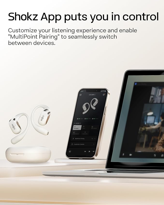 SHOKZ OpenFit 2 Open-Ear Headphones,True Wireless Bluetooth Earphones with Microphone,Earhook Earbuds with 48 Hours of Playtime,Fast Charging,IP55 Water-Resistant,with Carrying Bag,Beige,Bluetooth5.4