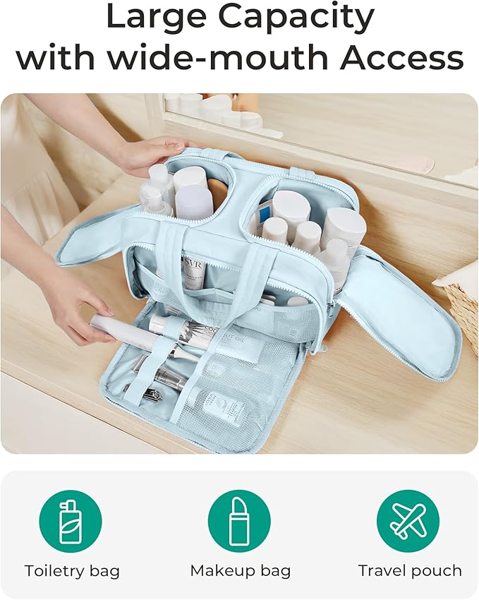 BAGSMART Travel Toiletry Bag, Crush Toiletry Bag for Women, Wide-open Puffy Toiletry Bags for Traveling, Large Travel Cosmetic Makeup Bag Organizer for Accessories,Toiletrie, Blue