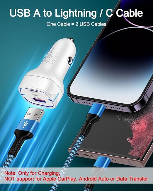 for Apple Lightning & USB-c 2-in-1 Charging Cable (4 Feet), USB to Lightning & USB to USB-c Long Fast Charger Cord for iPhone 17 Air 16e 16 15 Pro Max 14 Plus 13 12 11 mini, Samsung Galaxy, Pixel
