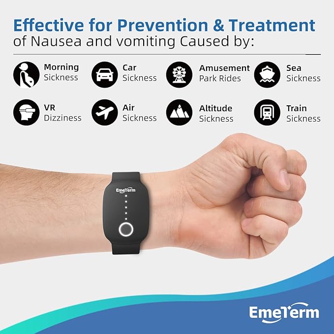 EmeTerm Fashion Anti-Nausea Wristband Relieve Morning Motion Travel Sickness Rechargeable Drug Free Bands without Side Effects - Extra 2pack Conductive Gel (Black - Extra 2pack Conductive Gel)