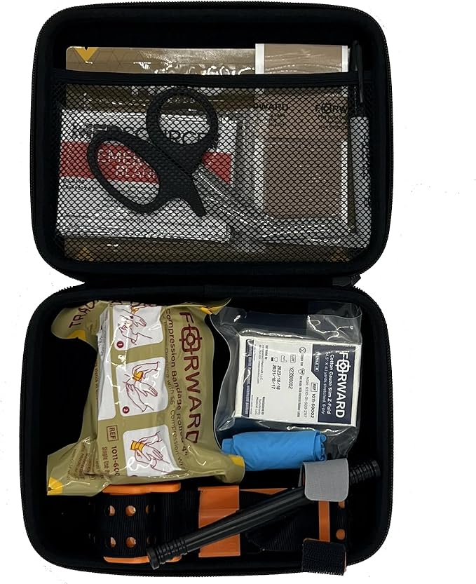 FORWARD Medical Emergency First Aid Kit (ME-FAK), Black Carbon Fiber Case, 9-Piece Trauma Care Kit with Tourniquet, Gauze, Emergency Blanket, 8.75x6.5x2.5 Inch