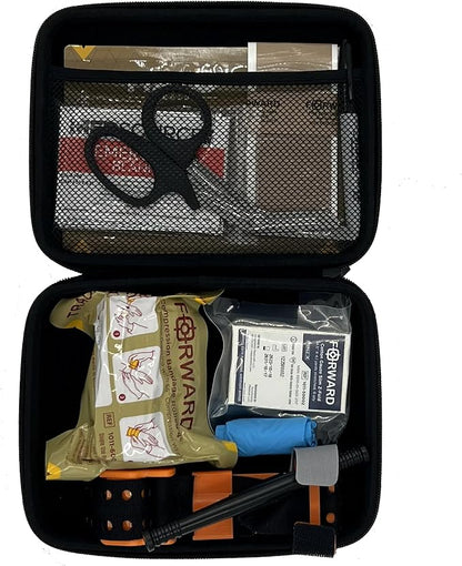 FORWARD Medical Emergency First Aid Kit (ME-FAK), Black Carbon Fiber Case, 9-Piece Trauma Care Kit with Tourniquet, Gauze, Emergency Blanket, 8.75x6.5x2.5 Inch