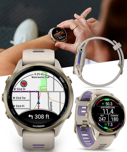 Wearable4U Garmin Forerunner 970 Soft Gold Titanium Smartwatch with French Gray Case and French Gray/Translucent Indigo Band, AMOLED Display with Garmin HRM 600 S Power Bank Bundle