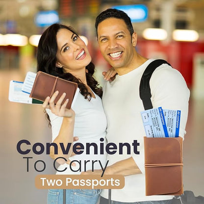 Leather Passport Holder with Travel Wallet, Genuine Leather Passport Cover- Passport Wallet, Leather Folding Wallet for Passports (Strap, Brown)