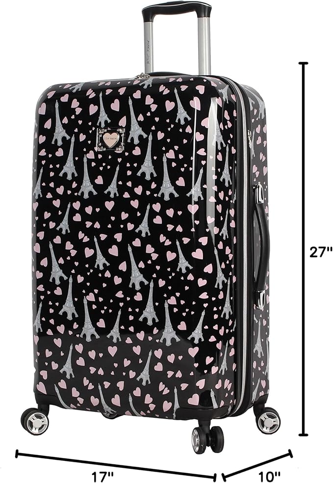 Betsey Johnson 26 Inch Checked Luggage Collection - Expandable Scratch Resistant (ABS + PC) Hardside Suitcase - Designer Lightweight Bag with 8-Rolling Spinner Wheels (Paris Love)