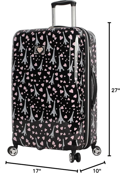Betsey Johnson 26 Inch Checked Luggage Collection - Expandable Scratch Resistant (ABS + PC) Hardside Suitcase - Designer Lightweight Bag with 8-Rolling Spinner Wheels (Paris Love)