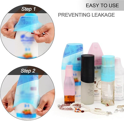 Travel Hanging Toiletry Bag for Women, Large Makeup Bag 8 Leak Proofing Silicone Bottle Covers, Waterproof Cosmetic Bag with Jewelry Organizer Compartment, Toiletries Kit Set, Grey
